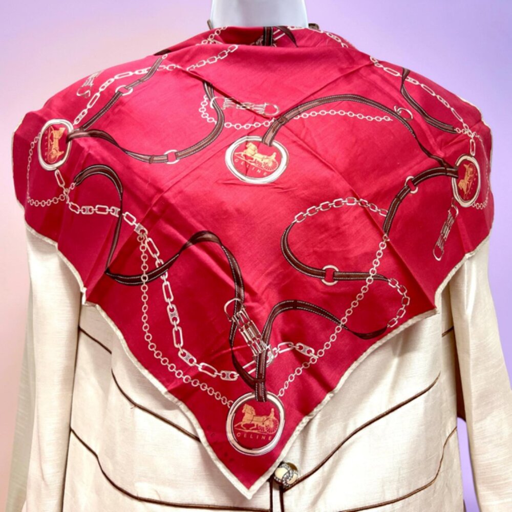 New- Celine Paris Mini Scarf/ Handkerchief cotton 19.5 " Red Brown Gold (87)